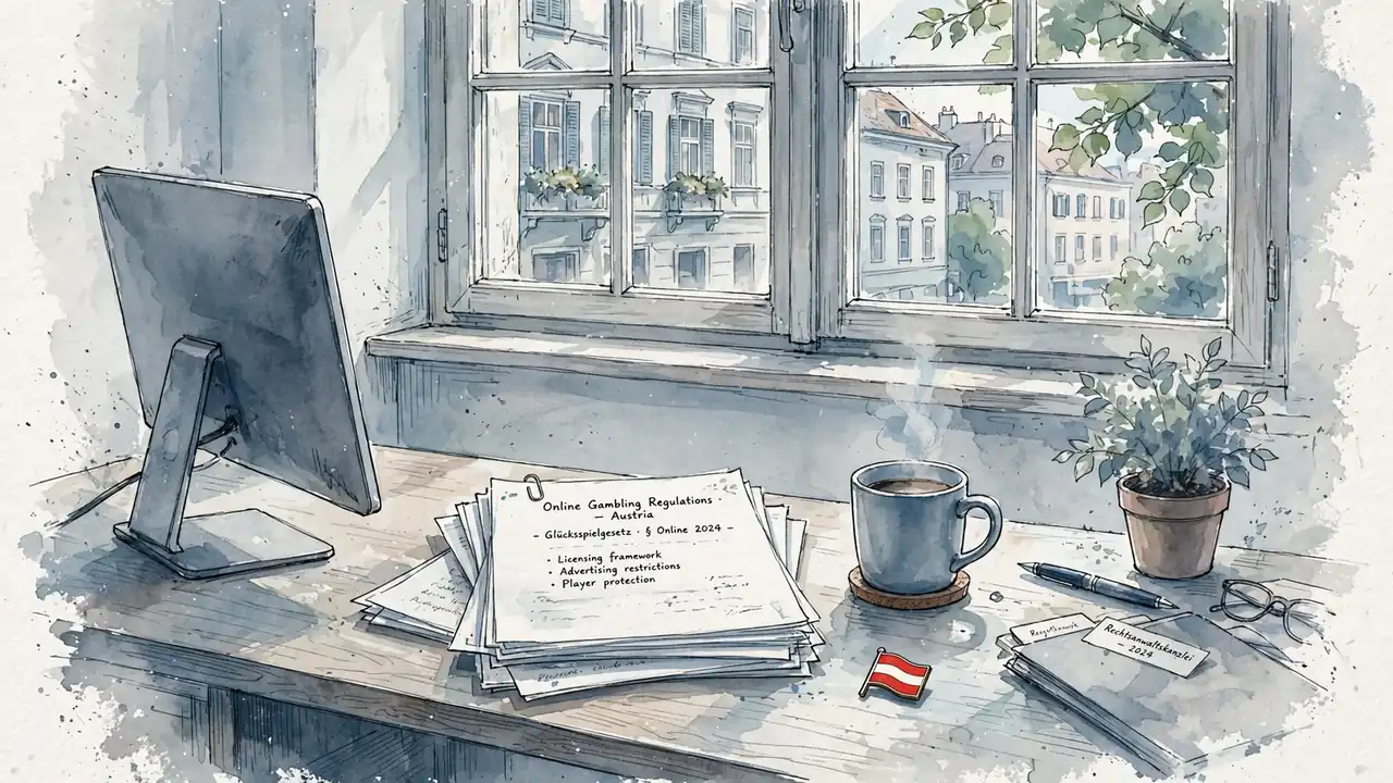 Modernes Büro mit Gesetzesunterlagen zum Online-Glücksspiel in Wien