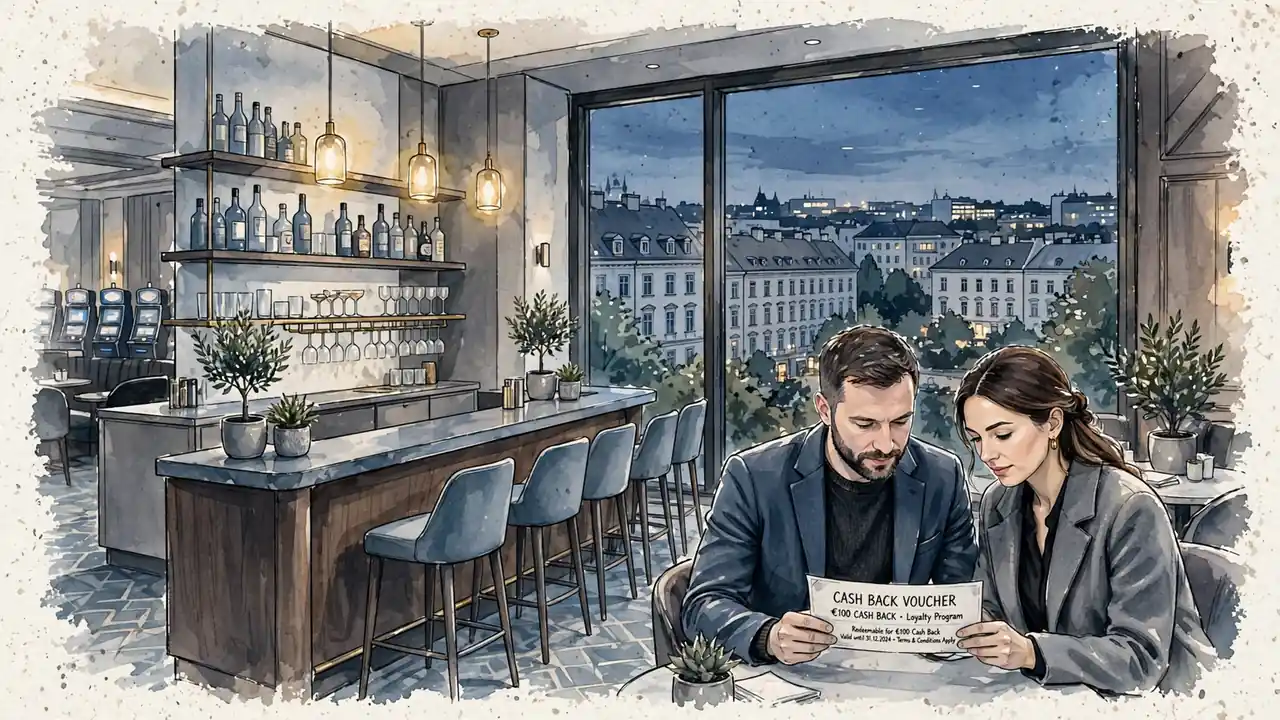 Modernes Casino-Interieur in Wien bei Dämmerlicht, Paar prüft Cashback-Gutschein
