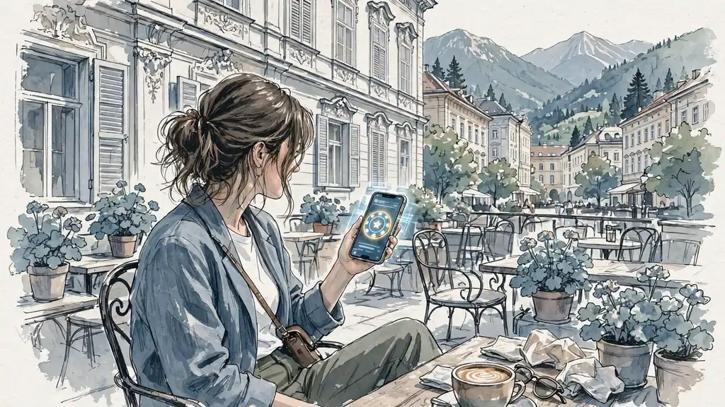 Junge Frau mit Smartphone und Casinofigur auf Wiener Terrasse