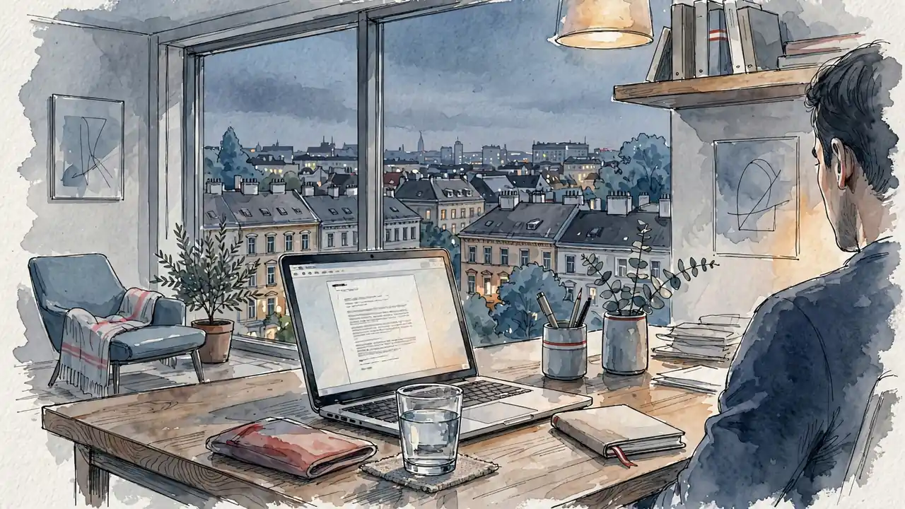 Modernes Büro mit Wiener Skyline im Hintergrund bei Dämmerlicht