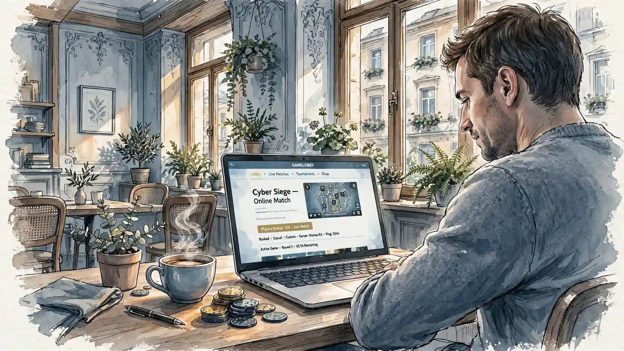 Modernes Wiener Café mit Laptop, Kaffee und Casino-Chips