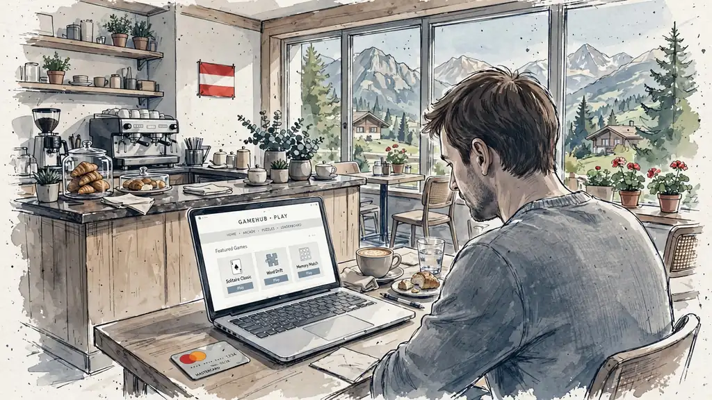 Ein stilvolles Café in Österreich mit Mastercard und Laptop im Vordergrund
