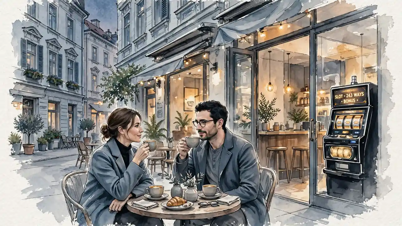 Ein Café in Wien bei Dämmerlicht mit einem leuchtenden Spielautomaten im Hintergrund.