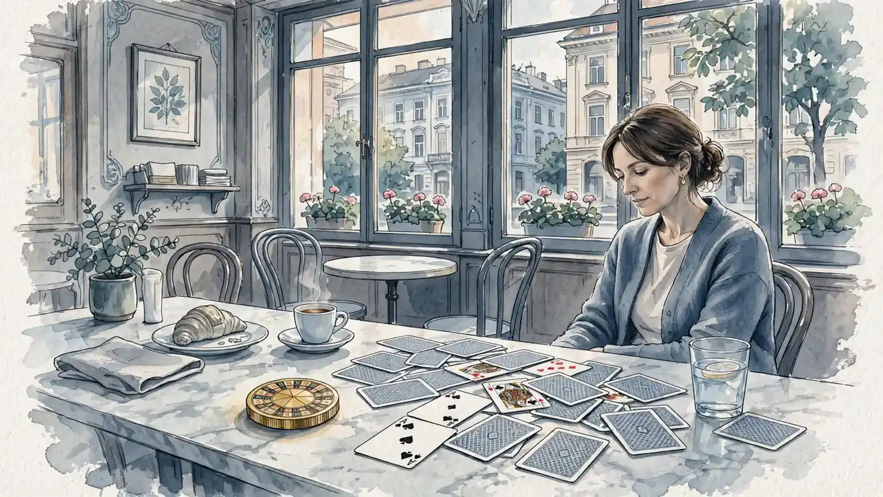 Elegantes Wiener Café mit Roulette-Chip und Spielkarten im Morgenlicht
