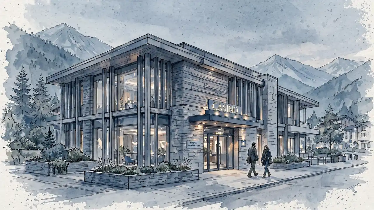 Moderne Casino‑Fassade in Österreich bei Dämmerlicht