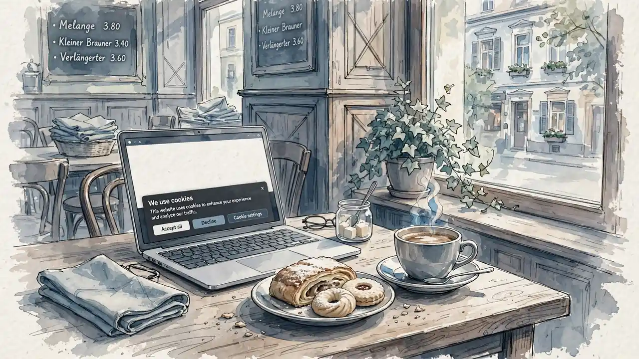 Gemütliches Wiener Café mit Kaffee, Gebäck und Cookie-Hinweis.