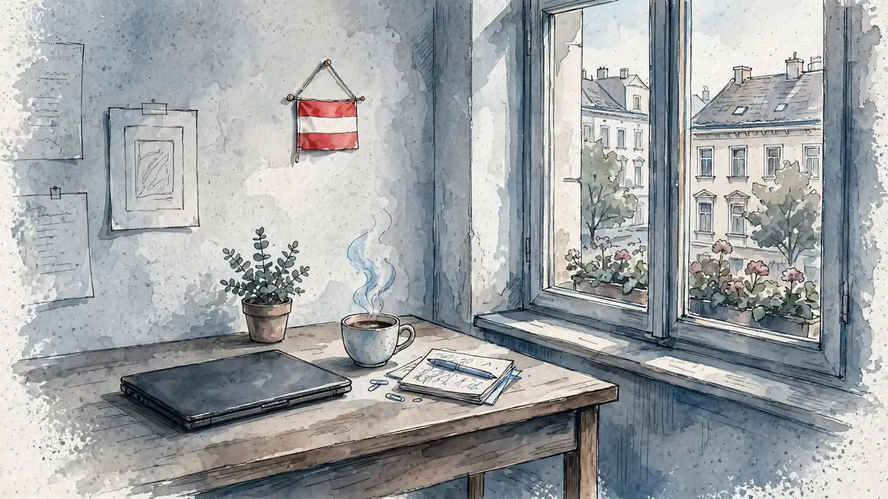 Vereinsamtes Wiener Büro mit Laptop, Kaffeetasse und österreichischer Flagge im Hintergrund.