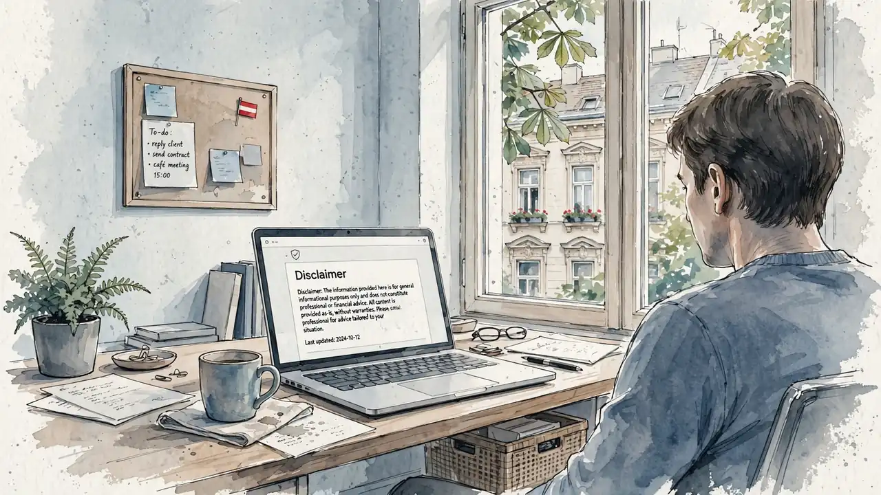Professionelles Büro in Wien mit Disclaimer auf Laptop und österreichischer Flagge
