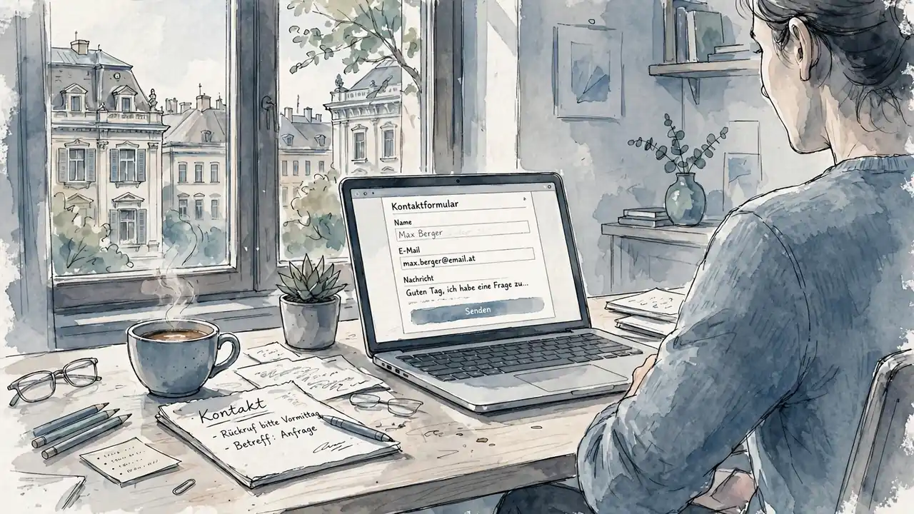 Freundliche Büro-Szene in Wien mit Kontakt-Formular.