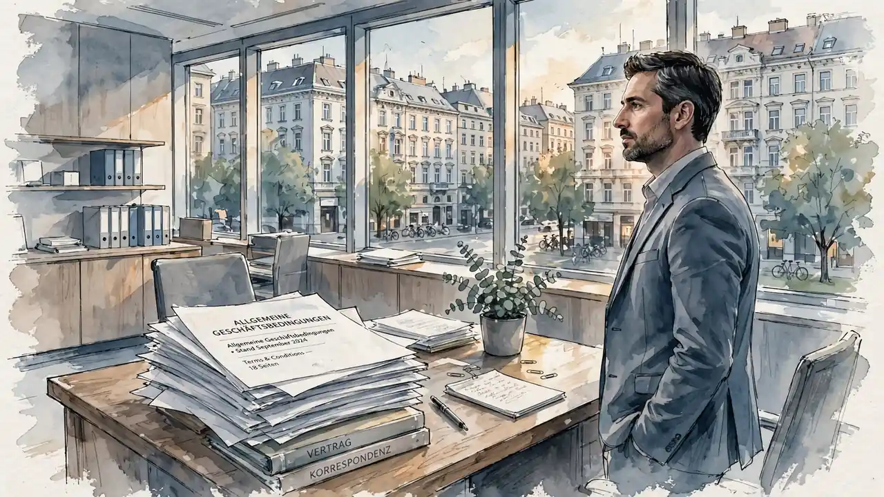 Anwalt mit Dokumenten im Büro, Wiener Fenster im Hintergrund