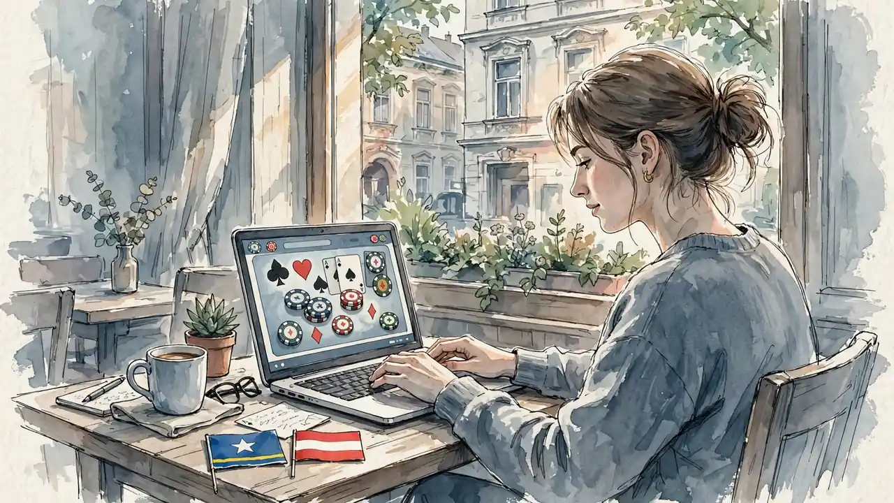 Junger Österreicher arbeitet am Laptop mit Casino‑Symbolen, Flaggen von Curaçao und Österreich.