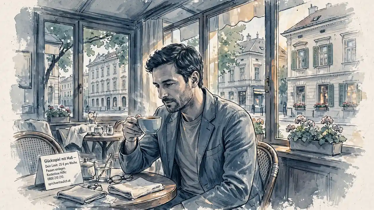 Erwachsener am Café-Tisch mit Erinnerungskarte zum verantwortungsbewussten Spielen